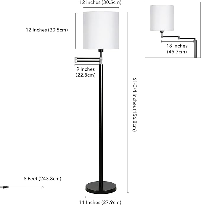 Moby Swing Arm Floor Lamp with Fabric Drum Shade in Blackened Bronze/White