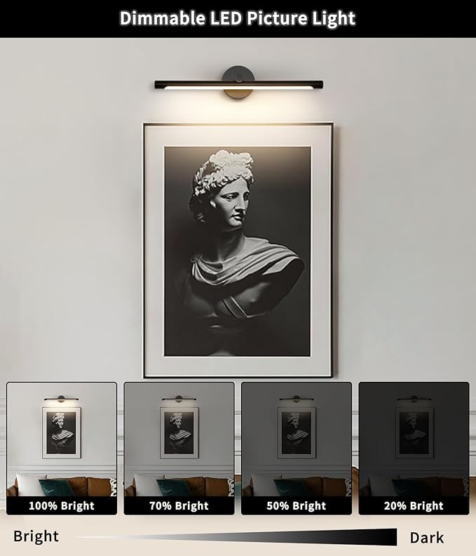JUSHENG Black Picture Lights for Paintings Dimmable Gallery Light Hardwired LED Wall Art Lighting Display Artwork Lamps 24.21'' Inch 12W 3000K Warm White