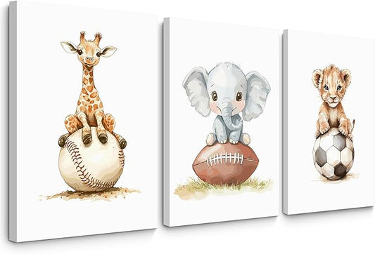 Sports Nursery Wall Art Baby Boys Room Canvas Pictures Safari Animal Wall Decor Jungle Nursery Prints Kids Poster Cute Painting Football Soccer Baseball Artwork for Bedroom 12x16x3 Inch Ready to Hang