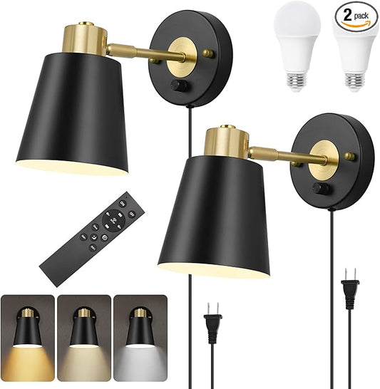 Wall Sconce Plug in, Remote Control Dimmable Wall Sconces and Adjustable Color Temperature 2700K-6000K Wall Lights with Plug in Cord, Wall Mounted Light for Bedroom Bedside(2 Pack, 2 Bulbs)