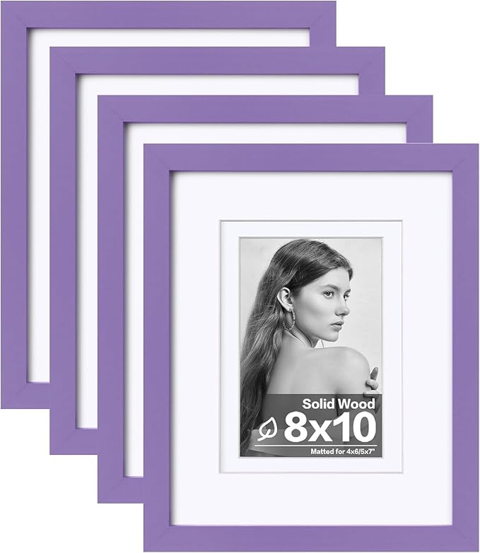 Egofine 8x10 Picture Frames 4PCS, Made of Solid Wood Display 4x6 and 5x7 with Mat Covered by Plexiglass, for Table Top Display and Wall Mounting Photo frame, Purple