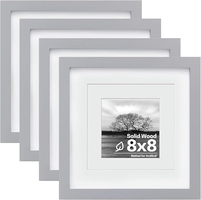 Egofine 8x8 Picture Frames 4 Pack, for Picture 4x4 with Mat or 8x8 whitout Mat Made of Solid Wood Covered by Plexiglass for Table Top Display and Wall Mounting Photo Frame, Light Gray