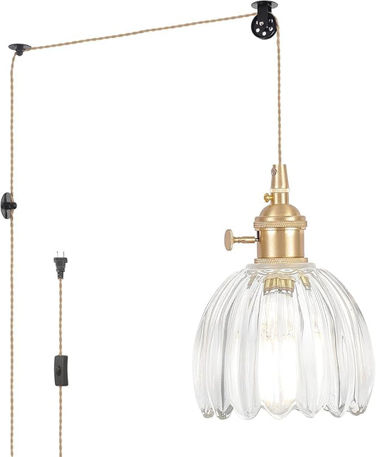 Mini Plug in Pendant Light Hanging Light Fixture Corded On/Off Switch Brass Pendant Light with Clear Tulip Glass Lampshade for Bedroom Living Room Kitchen Island