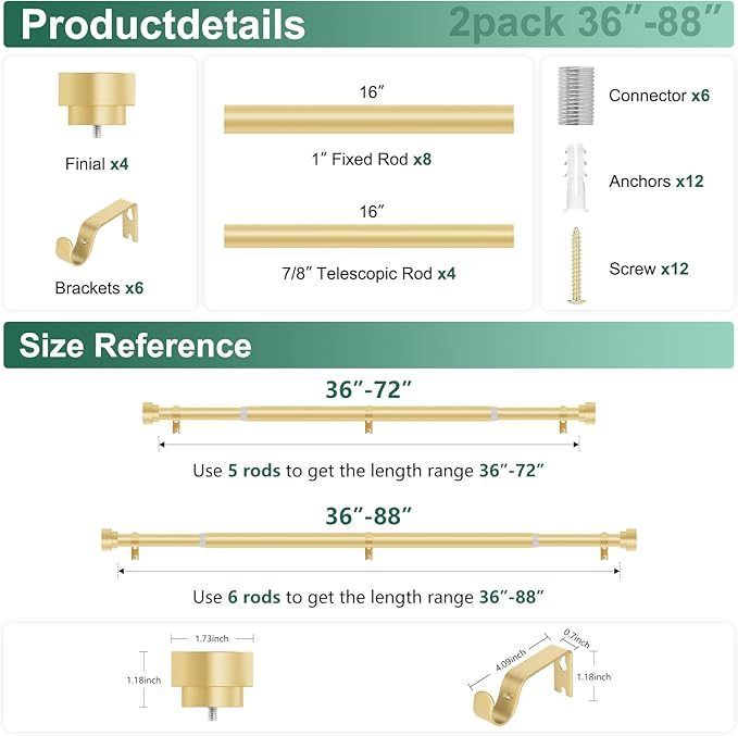 HEI! DEAR 2 Pack Gold Curtain Rods 48 to 84 Inch(4-7FT),1 Inch Heavy Duty Curtain Rods,Adjustable Curtain Rod Set,Modern Decorative Drapery Rods,Telescoping Window Curtains Rods 36-88",Brass Gold