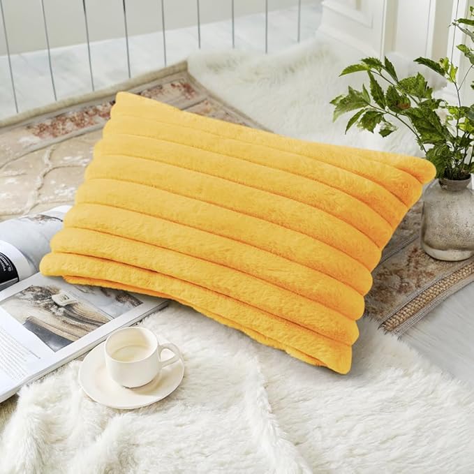 decorUhome Faux Fur Throw Pillow Covers 12x20 Set of 2, Decorative Soft Plush Striped Lumbar Neutral Couch Euro Pillow Covers with Velvet Back for Sofa, Bed, Living Room Home Decor, Mustard Yellow