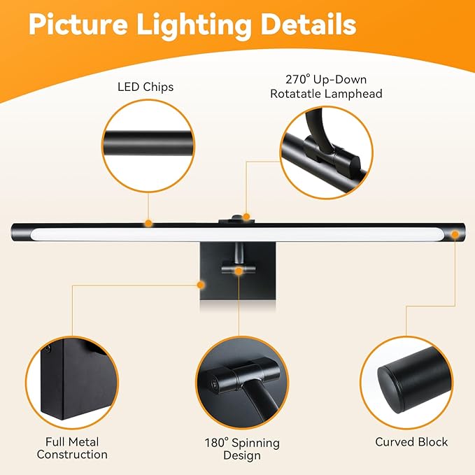 JO.KO 23.6 Inch LED Picture Lights for Wall Hardwired, Poster Art Gallery Light 10-100% Dimmable, 3000k Warm White Black Wall Sconces 14W CRI90 for Gallery Artwork, Paintings and Bathroom