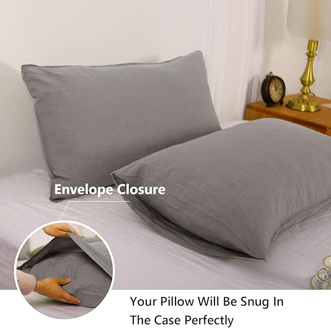 Simple&Opulence 100% Linen Pillowcases Basic Style Solid Color Set of 2, King Size Stone Washed Flax Pillow Cover Envelope Closure (20''x40'', Ultimate Grey)