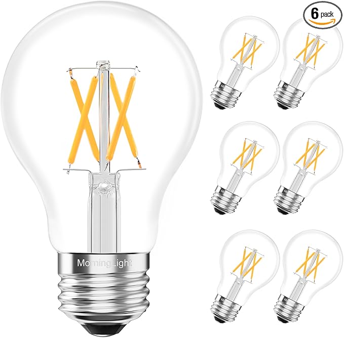 MorningLight 6 Pack Vintage A19 LED Edison Bulbs 60W Equivalent, 6W 2700K Warm White Dimmable Light Bulbs, A19 Antique Filament LED Bulbs for Farmhouse Pendant, Sputnik Chandelier, 600LM