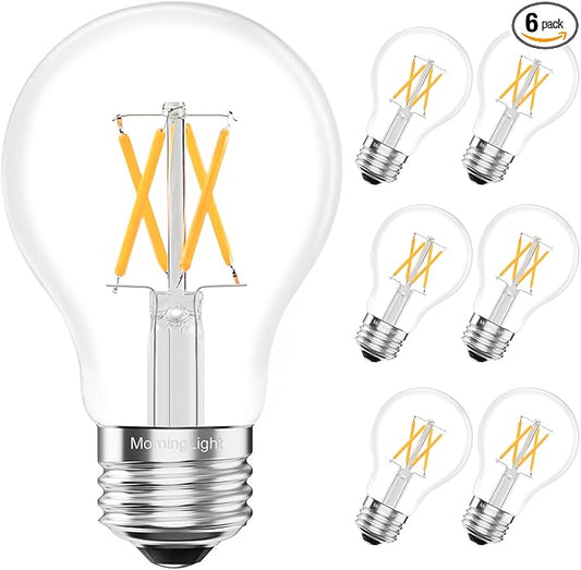 MorningLight 6 Pack Vintage A19 LED Edison Bulbs 60W Equivalent, 6W 2700K Warm White Dimmable Light Bulbs, A19 Antique Filament LED Bulbs for Farmhouse Pendant, Sputnik Chandelier, 600LM