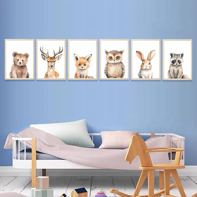 6 Animal Wall Art for Kids Room, Baby Room, Woodland Animals, Cute Bear, Deer, Rabbit Poster Prints, Safari Themed Paintings for Boys Girls Room (12x16 Inch Posters)