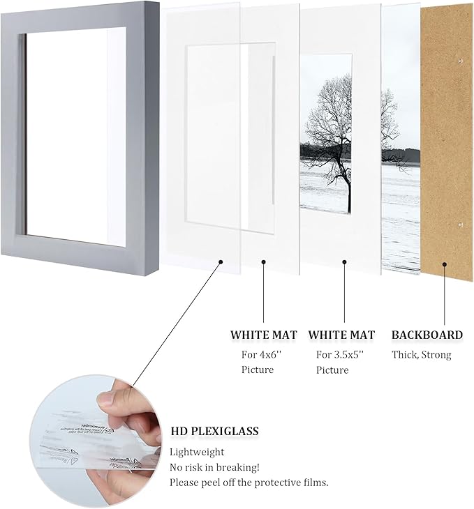 Egofine 4x6 Picture Frames Set of 4 Covered by Plexiglass - Made of Solid Wood for Table Top Display and Wall Mounting photo frame Light Grey