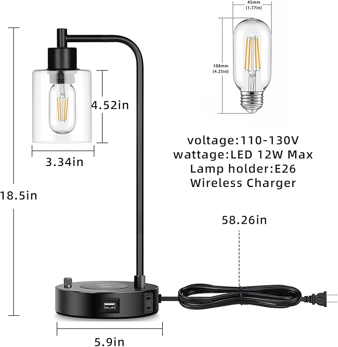 Industrial Table Lamp with Wireless Charing, Fully Stepless Dimmable Lamps Nightstand Lamps, Desk Lamp with Glass Shade Reading Lamp for Office Living Room (Black)