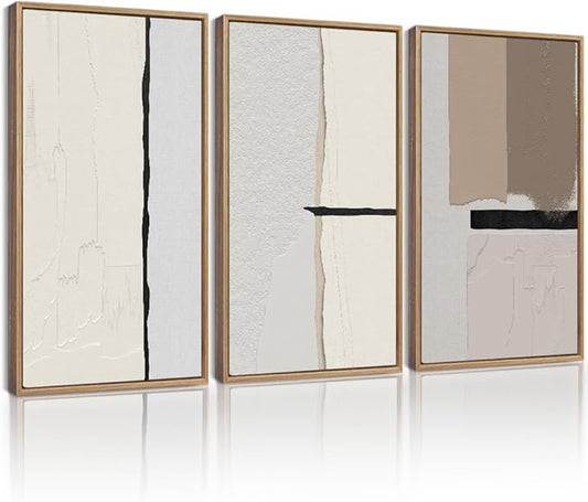 KUVIOKE Neutral Abstract Framed Wall Art Beige Mid Century Textured Wall Decor Minimalist Modern Illustrations Art Print Home Decor 16x24in (Natural Framed)
