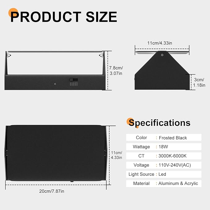 Indoor Modern Led Aluminum Wall Sconces,18W 5CCT 3000K-6000K Dimmable Hardwired Wall Light with Rotatable Lampshade,Contemporary Wall Lamp for Bedroom Living Room Hallway Stairway(Black,2Pack)