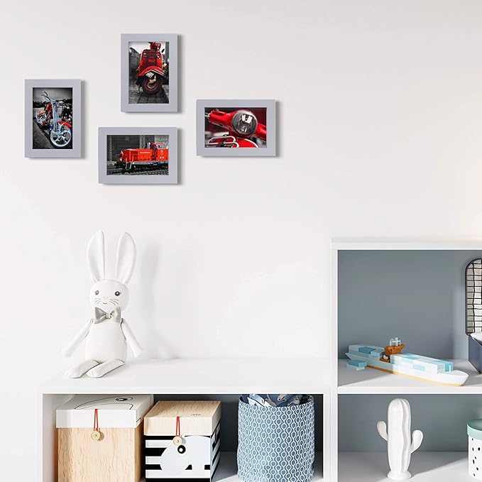 Egofine 4x6 Picture Frames Set of 4 Covered by Plexiglass - Made of Solid Wood for Table Top Display and Wall Mounting photo frame Light Grey