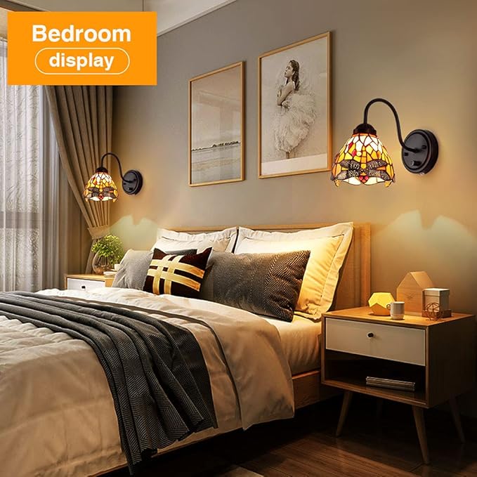 Tiffany Bedside Wall Mount Lamp with Dimmable Switch, Industrial Vintage Gooseneck Wall Sconce with Plug in Cord, Dragonfly Stained Glass Shade Wall Light Perfect for Bedroom, Living Room