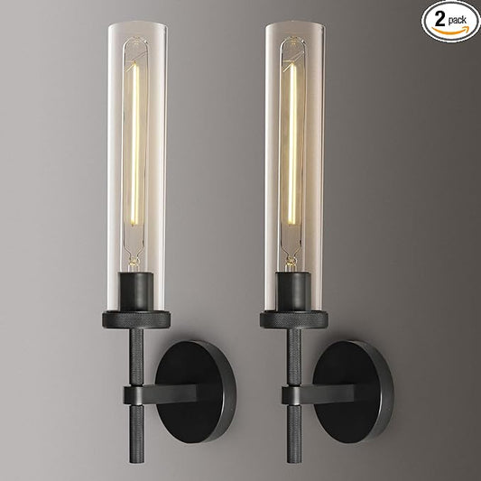 Black Wall Sconces Set of Two, 19" Knurled Black Sconces Wall Lighting, Tube Glass Bathroom Sconces Wall Lights for Bedroom Living Room Vanity Sconce Wall Lamp for Hallway, Staircase
