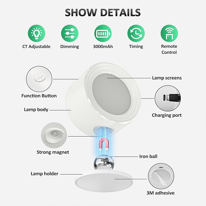 LED Wall Lights, Wall Lamp 3 Color Temperatures & Dimmable Magnetic 360° Rotation with Remote, Wall Sconces 3 Pcs with 3000mAh Rechargeable Battery, Cordless Wall Light for Reading Bedside Hallway