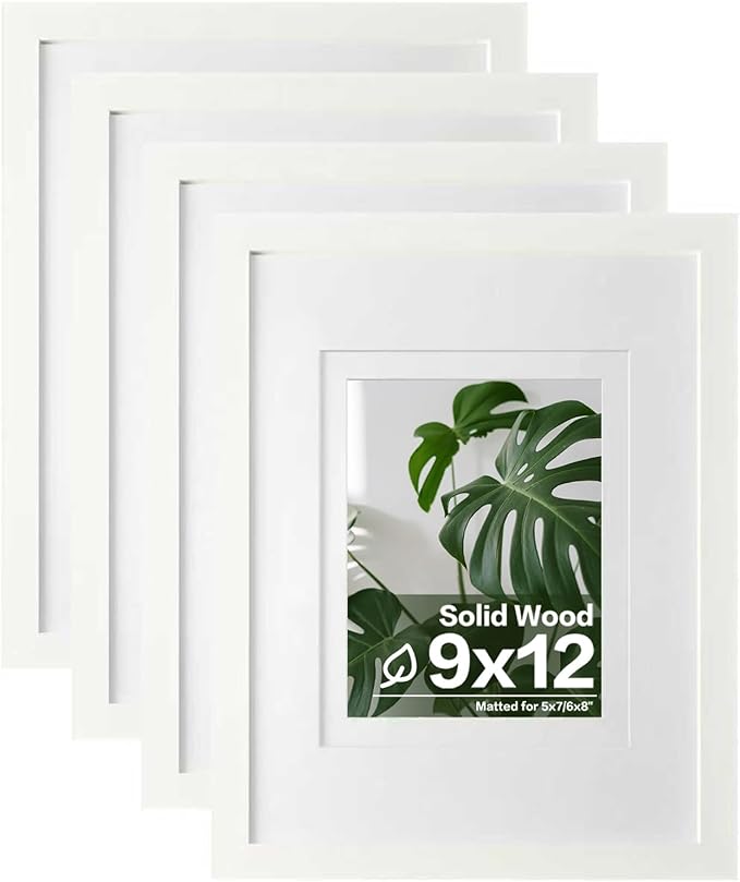 Egofine 9x12 Picture Frames 4PCS Covered by Plexiglass, Wood Frames for Pictures 5x7/6x8 with Mat or 9x12 without Mat, Tabletop and Wall Mounting Display, White with Texture