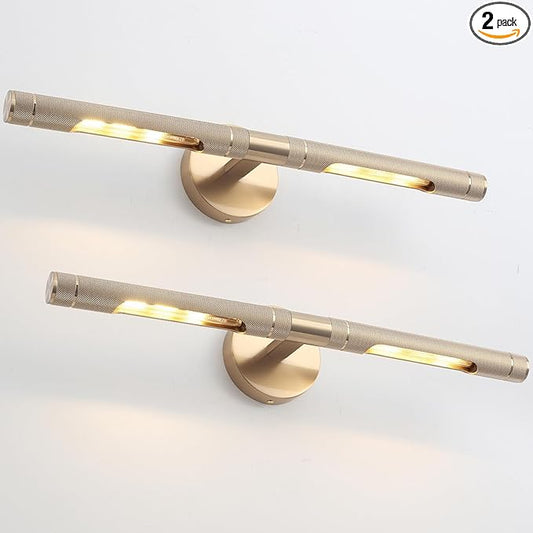 19" Gold Hardwired Brass Picture Lights Set of 2, Knurled Rotatable 360° Gold Gallery Light, Modern Wall Lights for Pictures Bathroom Mirror Living Room Bedroom, E12 Bulbs Included(2 Pack)