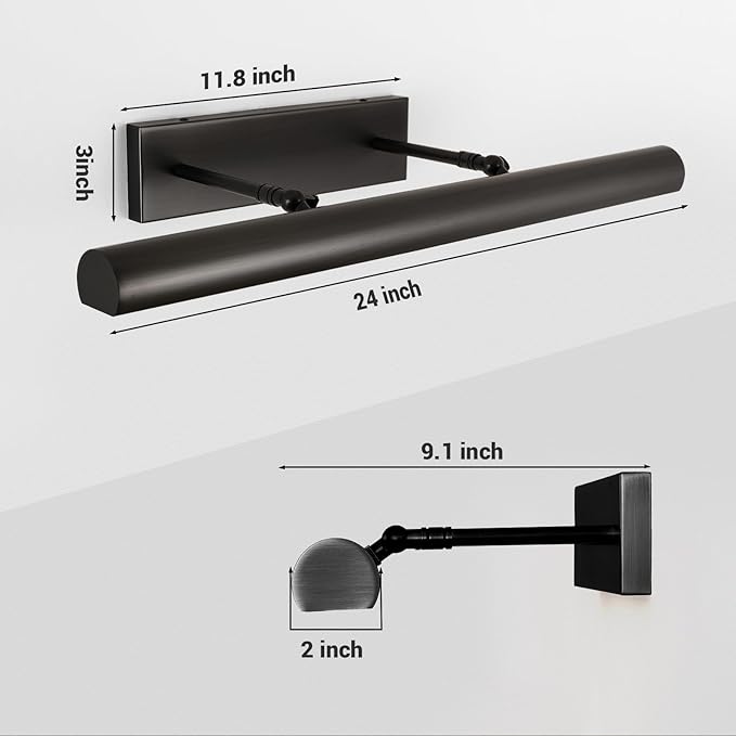 Matte Black Picture Lights for Wall, 24" Art Light Hardwired, 3-Light Bronze Gallery Light, Warm White 2700k Dimmable Picture Frame Lights, 270° Vanity Light for Bathroom, Living Room, Hallway