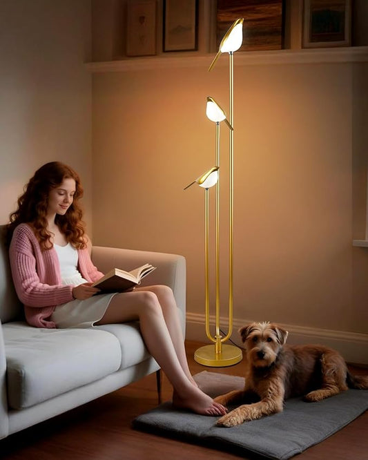 Lightdot Gold Floor Lamp for Living Room Modern Mid Century Standing Light with 3 Adjustable LED Bird Lights for Wedding Party Unique Candle Holder Style Tall Floor Lamp for Bedroom Kids Room