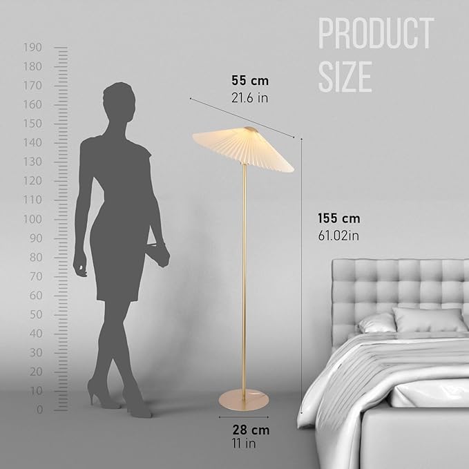 KUNJOULAM Pleated Floor Lamp, Pole Floor Lamps, Simple Design Tall Lamp with Fabric Lampshade, Standing Lamp for Living Room, Bedroom, Office, Home (Champagne Gold)