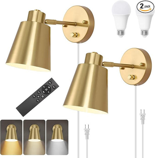 Plug in Wall Sconces with Remote Control, Adjustable Color Temperature 2700K-6000K and Dimmable Wall Sconces Gold Wall Lights with Plug in Cord for Bedroom Bedside Stairway(2 Pack, 2 Bulbs)