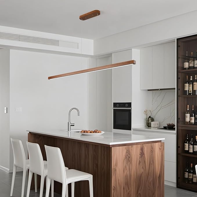 55 Inch Wood Linear Pendant Light Dimmable LED Kitchen Island Lighting with Remote Adjustable Hanging Chandelier for Dining Room Bar Pool Table 30W Modern Farmhouse Fixture Walnut Color