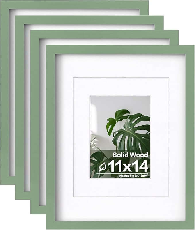 Egofine 11x14 Picture Frames 4PCS Made of Solid Wood Covered by Plexiglass for Table Top and Wall Mounting for Pictures 5x7/8x10 with Mat or 11x14 without Mat Horizontally or Vertically Display, Green