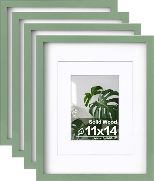 Egofine 11x14 Picture Frames 4PCS Made of Solid Wood Covered by Plexiglass for Table Top and Wall Mounting for Pictures 5x7/8x10 with Mat or 11x14 without Mat Horizontally or Vertically Display, Green