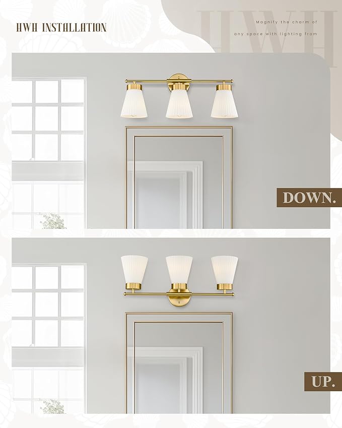 Bathroom Light Fixture, HWH 3-Light Brushed Gold Vanity Lights for Bathroom Modern Vanity Sconce Lighting Over Mirror, Wall Lamp with Frosted White Striped Glass, 5HZG97B-3W BG