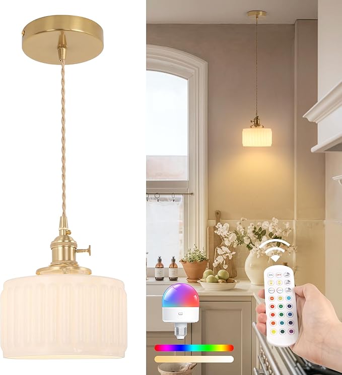 Battery Operated Pendant Light 5000mAh Rechargeable Chandelier with Remote Control Wireless Adjustable Hanging White Striped Light for Kitchen Island Dining Room Hallway
