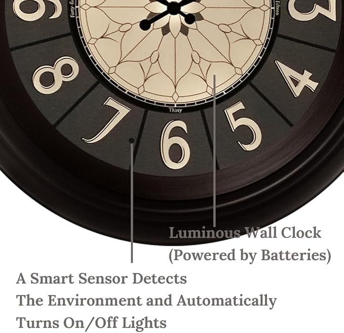 Presentime & Co. 18" Luminous Large Wall Clock, Oil Rubbed Bronze Finish, Night Light, Lighted Clock with Smart Sensor to Turn on/Off Lights. Wall Décor for Living Room, Dining Room, Kitchen.