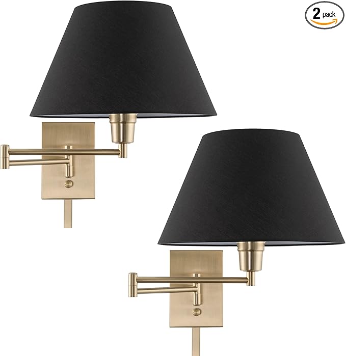 Kira Home Cambridge 15" Modern Swing Arm Wall Lamp - Plug in/Wall Mount + Black Fabric Shade, Cool Brass Finish, 2-Pack