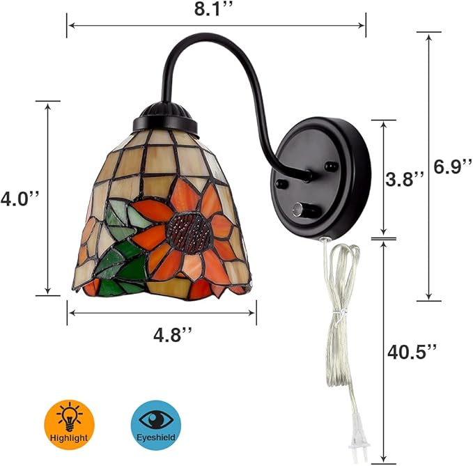 Tiffany Bedside Wall Mount Lamp with Dimmable Switch, Industrial Vintage Gooseneck Wall Sconce with Plug in Cord, Flowers Stained Glass Shade Wall Light Perfect for Bedroom, Living Room and Hotel