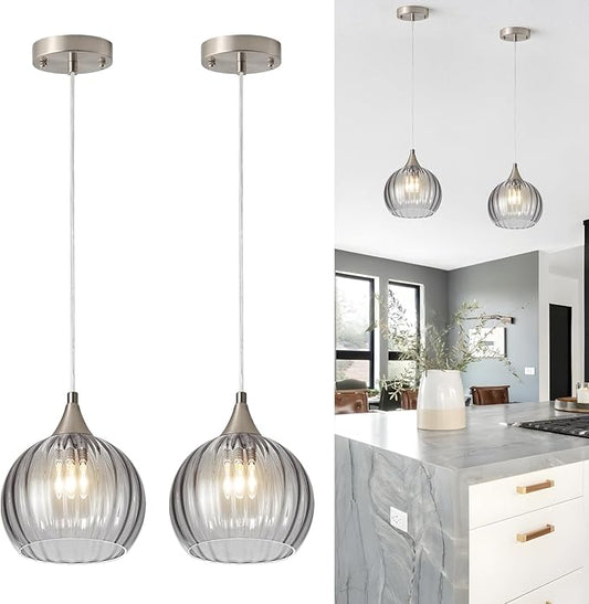 Brushed Nickel Pendant Lights Kitchen Island, Globe Pendant Light Fixtures with 8 Inch Clear Glass Shade, Modern Hanging Light Fixtures for Kitchen, Bedroom (2 Pack - Gray Glass Pendant Light)