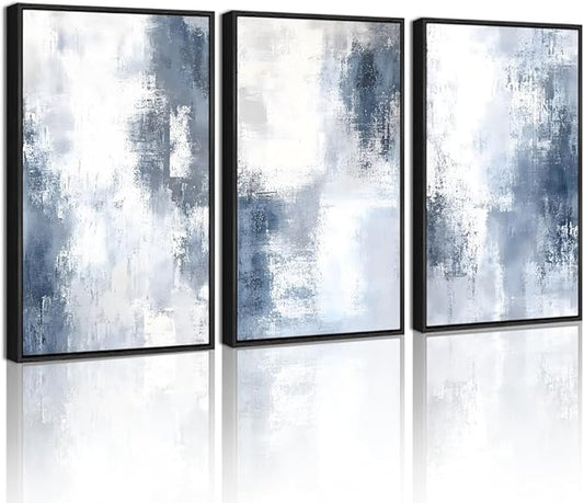 KUVIOKE Navy Blue and Gray Abstract Framed Canvas Wall Art Brush Strokes Block Shape Pastel Wall Decor Modern Minimalist Art Painting Home Decor 12x16in (Black Framed)