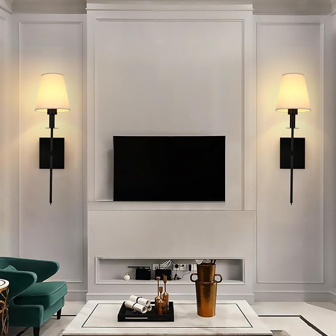 Wall Lamps for Bedrooms Set of 2, Black Retro Wall Mounted Bedside Lamps Sconces Lighting with Fabric Shade for Bedroom Living Room Corridor Kitchen