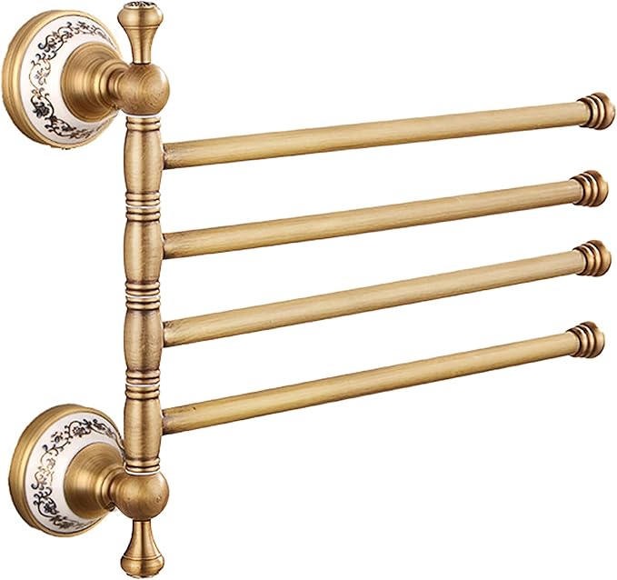 Swivel Towel Rack for Bathroom, Antique Bronze Folding 4 Arms Hand Towel Bars Towel Hanger for Laundry, Wall Mount Storage Space Saving,Porcelain Design