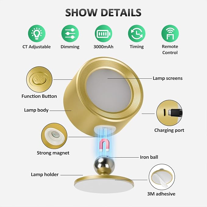 LED Wall Lights Lamp 3 Color Temperatures & Dimmable Magnetic 360° Rotation with Remote, Wall Sconces 3 Pcs with 3000mAh Rechargeable Battery, Cordless Wall Light for Reading Bedside Hallway