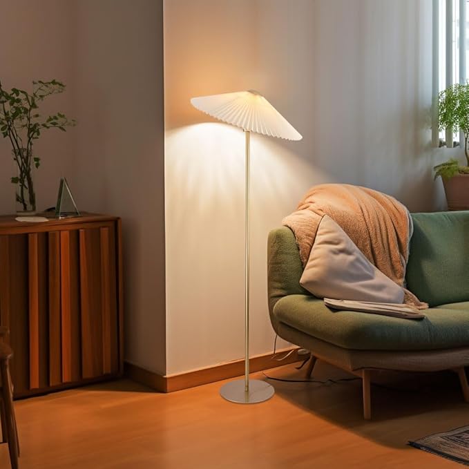 KUNJOULAM Pleated Floor Lamp, Pole Floor Lamps, Simple Design Tall Lamp with Fabric Lampshade, Standing Lamp for Living Room, Bedroom, Office, Home (Champagne Gold)