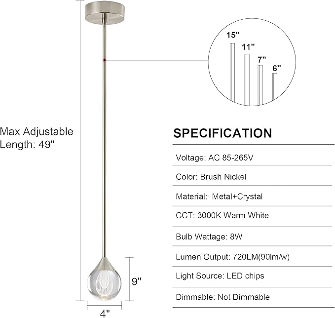 1-Light Teardrop Crystal Pendant Light, Mini LED Crystal Globe Hanging Light Fixture, Modern Ceiling Pendant Lighting for Kitchen Island Dining Room Bedroom Bar 3000K 8W Brush Nickel