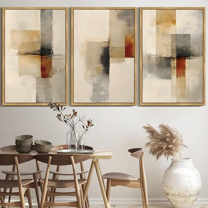 KUVIOKE Framed Abstract Wall Art Minimalist Beige Gray Red Pastel Watercolor Wall Decor Modern Neutral Art Print Home Decor 24x36in (Natural Framed)