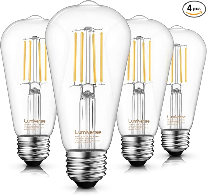 ST19 Dimmable LED Edison Bulb, 5.5W (60W Equivalent) 500LM, CRI 95+, 4000K Cool White, E26 Medium Base, Vintage Filament, Clear Glass, Standard Type A Lamp for Kitchen, Bathroom, Bedroom, 4 Pack