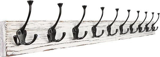 IBosins 34'' Coat Rack Wall Mount with 10 Tri-Hooks, Heavy Duty, Vintage White Color Wood Coat Hanger, Rustic Coat Hooks Rail for Entryway Living Room Coat Scarf Bag Towel Hat