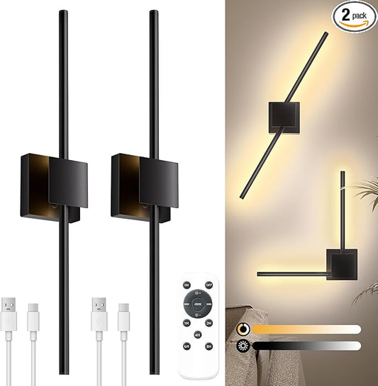 Torchlet Battery Operated Wall Sconce with Remote Control, Dimmable Wall Sconces Set of Two with DIY Independently Rotatable Lamp, 3000K-6000K LED Wall Lights for Living Room, Bedroom, 28.3In, 2 Pack