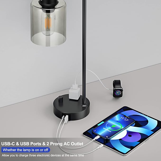 Industrial Bedside Desk Lamps for Bedroom - Grey Smoked Glass Shade Table Lamp with USB C Port, Fully Dimmable Small Lamps with USB Port and Outlet, Reading Nightstand Lamps for Office Living Room