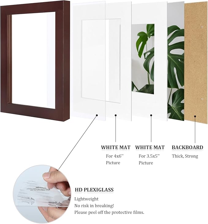 Egofine 4x6 Picture Frames with Plexiglass, Display Pictures 3.5x5 with Mat or 4x6 Without Mat Set of 4 for Tabletop and Wall Mounting, Walnut Color