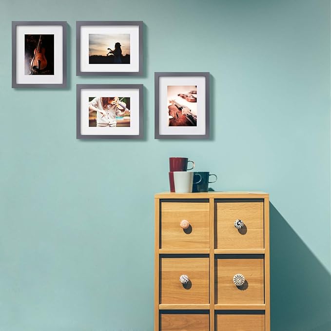 Egofine 8x10 Picture Frames 4 Pack - Wood Frames Covered by Plexiglass for Pictures 4x6 or 5x7 with Mat or 8x10 Without Mat, Photo Frames for Table Top and Wall Display, Dark Gray